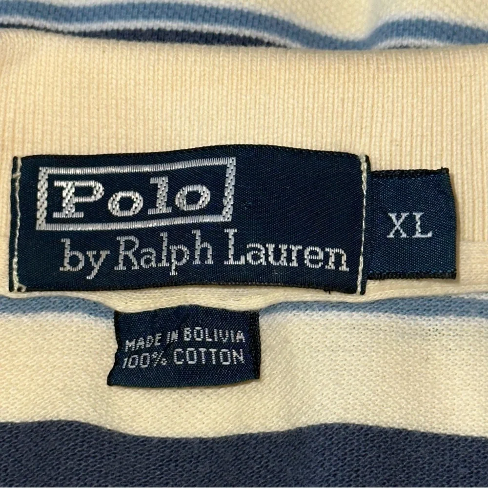 Polo Ralph Lauren Vintage Mens Size XL Cream Navy Blue Striped Cotton Polo Shirt